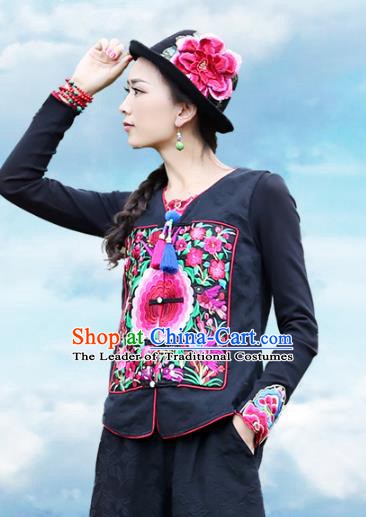 Traditional China National Costume Tang Suit Vests Chinese Embroidered Black Waistcoat for Women