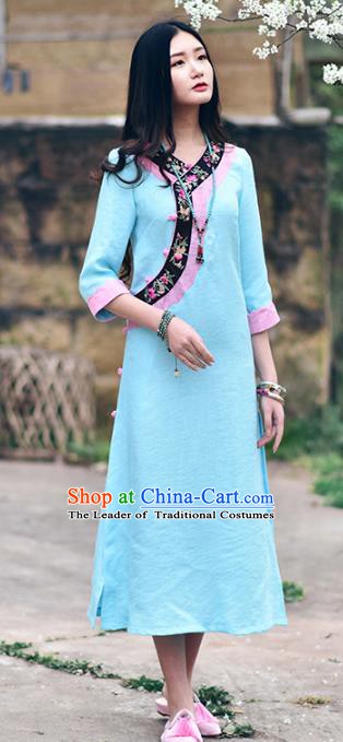 Traditional China National Costume Tang Suit Cheongsam Chinese Embroidered Blue Qipao Dress for Women