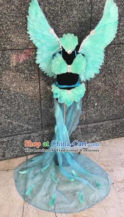 Top Grade Children Stage Performance Costume Modern Dance Catwalks Swimsuit Green Feather Wings for Kids