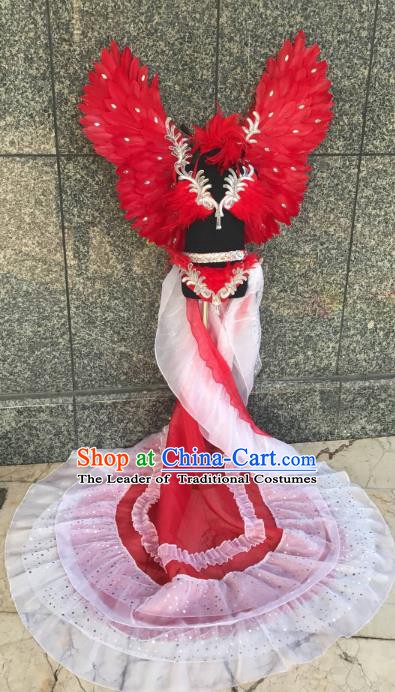Top Grade Children Stage Performance Costume Modern Dance Catwalks Swimsuit Red Feather Wings for Kids
