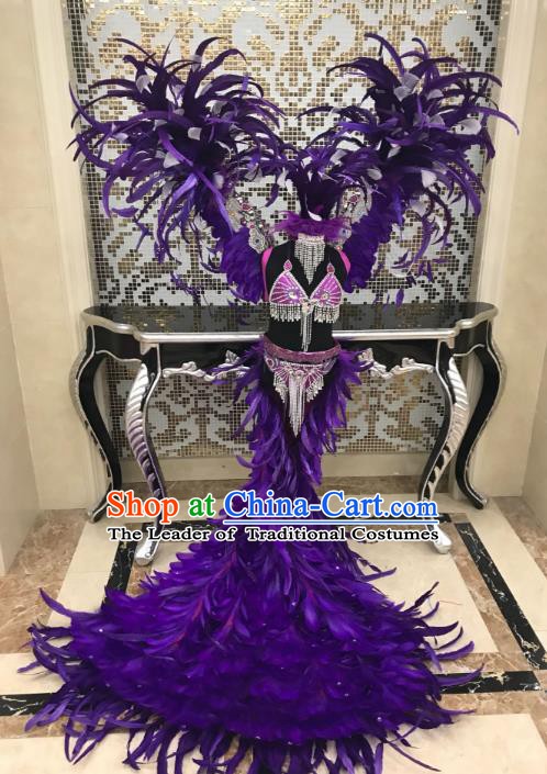 Top Grade Children Stage Performance Costume Modern Dance Catwalks Swimsuit and Purple Feather Wings for Kids