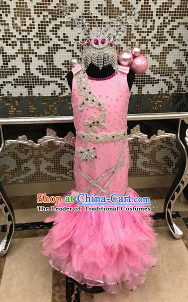 Top Grade Children Stage Performance Costume Catwalks Pink Dress and Headwear for Kids