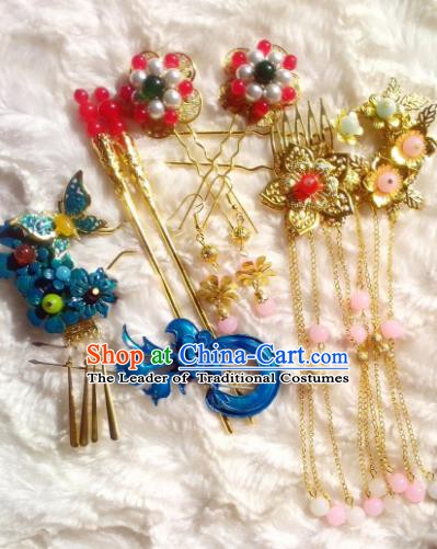 Traditional Chinese Ancient Hair Accessories Blueing Hairpins Tassel Step Shake Complete Set for Women