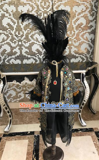 Top Grade Children Stage Performance Costume Catwalks Modern Dance Clothing and Black Feather Headwear for Kids