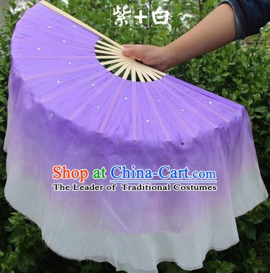 Top Grade Chinese Folk Dance Folding Fans Yangko Dance Purple Silk Ribbon Fan for Women