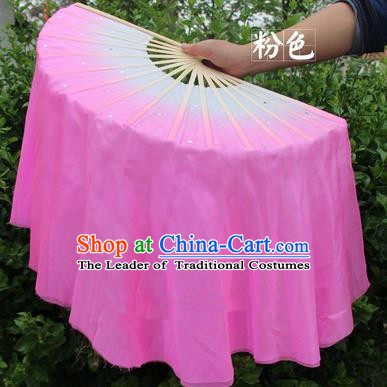 Top Grade Chinese Folk Dance Folding Fans Yangko Dance Pink Silk Ribbon Fan for Women