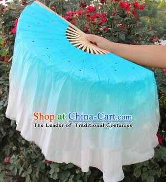 Top Grade Chinese Folk Dance Blue Folding Fans Yangko Dance Silk Ribbon Fan for Women