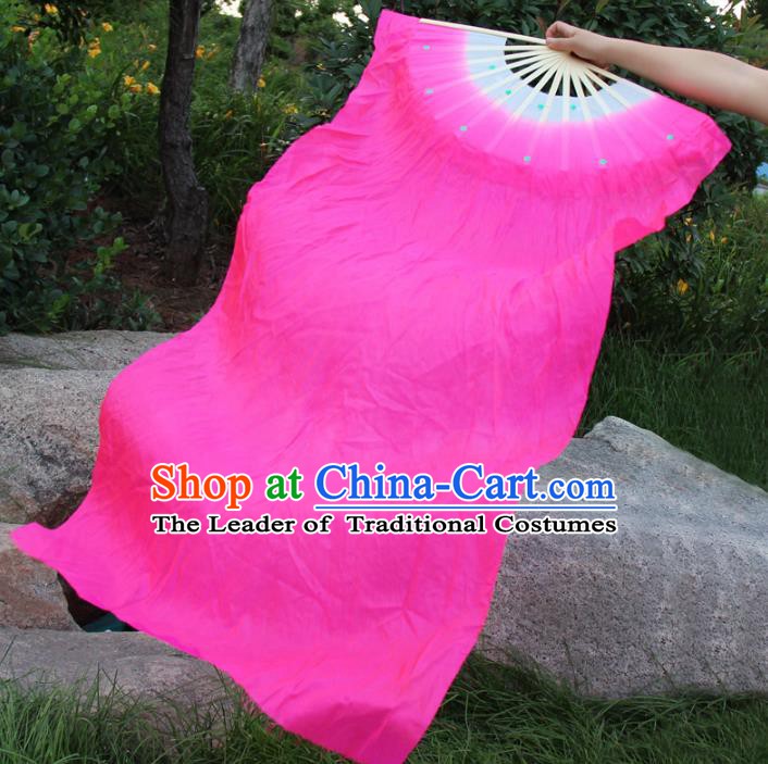 Top Grade Chinese Folk Dance Rosy Folding Fans Yangko Dance Silk Long Ribbon Fan for Women