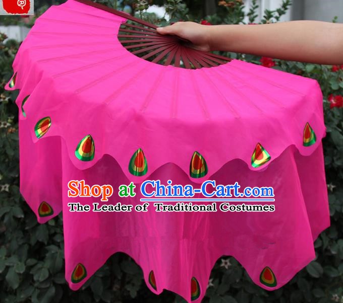 Chinese Handmade Folk Dance Peacock Folding Fans Yangko Dance Rosy Silk Ribbon Fan for Women