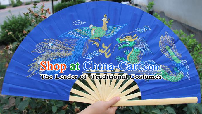 Chinese Handmade Folk Dance Folding Fans Yangko Dance Printing Dragon and Phoenix Tai Chi Blue Fan for Women