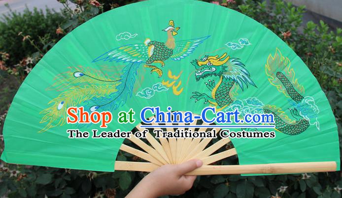 Chinese Handmade Folk Dance Folding Fans Yangko Dance Printing Dragon and Phoenix Tai Chi Green Fan for Women