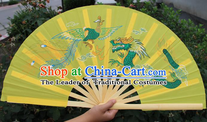 Chinese Handmade Folk Dance Folding Fans Yangko Dance Printing Dragon and Phoenix Tai Chi Yellow Fan for Women