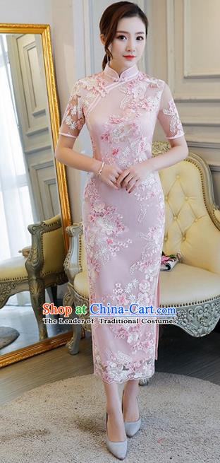 Chinese Traditional Elegant Cheongsam Embroidery Pink Qipao Dress National Costume for Women