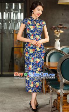 Chinese Traditional Elegant Retro Blue Cheongsam National Costume Printing Qipao Dress for Women