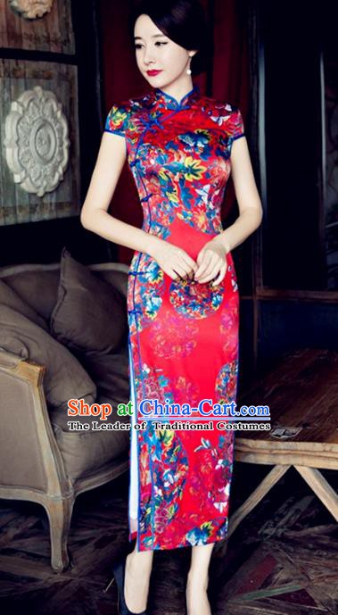 Chinese Traditional Elegant Wedding Silk Cheongsam National Costume Printing Flowers Red Qipao Dress for Women