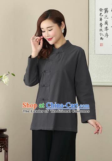 Chinese Traditional National Costume Grey Linen Blouse Tang Suit Qipao Short Shirts for Women