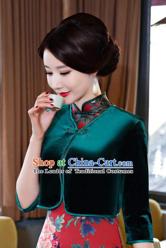Chinese Traditional National Costume Green Velvet Blouse Tang Suit Qipao Tippet for Women
