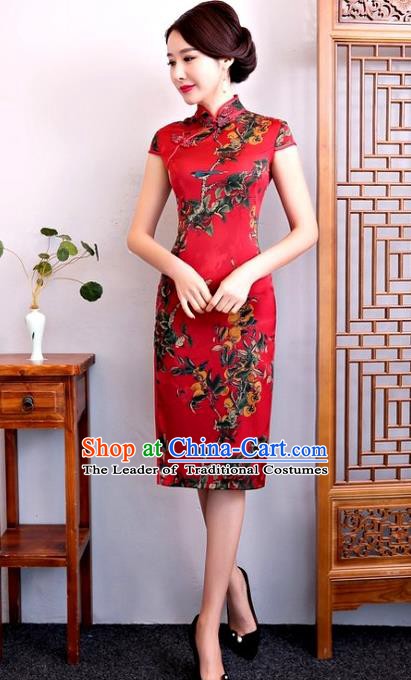 Chinese Traditional Elegant Silk Cheongsam Red Full Dress National Costume Retro Printing Qipao for Women