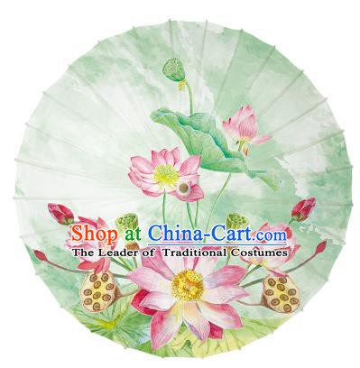Chinese Handmade Paper Umbrella Folk Dance Hand Printing Lotus Green Oil-paper Umbrella Yangko Umbrella