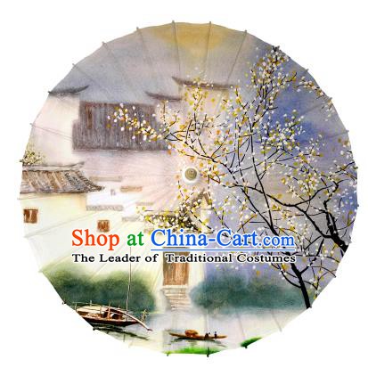 Chinese Handmade Paper Umbrella Folk Dance Painting Jiangnan Town Scenery Oil-paper Umbrella Yangko Umbrella