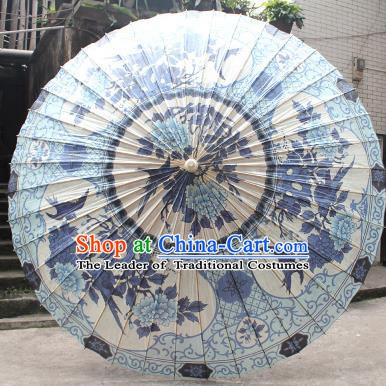 Chinese Traditional Artware Paper Umbrella Folk Dance Painting Peony Blue Oil-paper Umbrella Handmade Umbrella