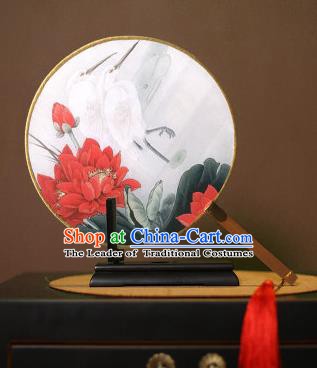 Chinese Traditional Circular Fans Handmade Printing Lotus Egret Round Fan China Ancient Palace Dance Fans