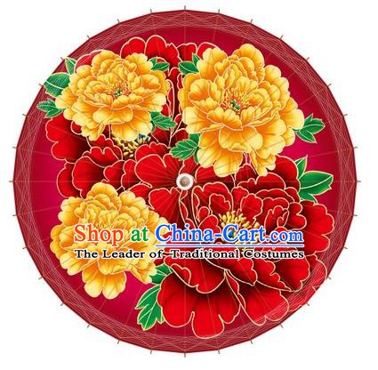 Chinese Traditional Craft Paper Umbrella Folk Dance Printing Peony Red Oil-paper Umbrella Handmade Umbrella