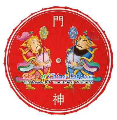 Chinese Traditional Artware Printing Door-god Umbrella Classical Dance Red Oil-paper Umbrella Handmade Umbrella