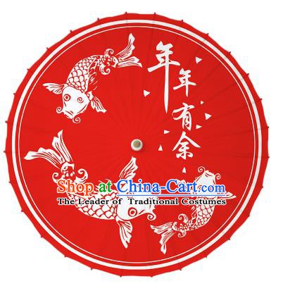 Chinese Traditional Artware Printing Fishes Umbrella Classical Dance Red Oil-paper Umbrella Handmade Umbrella