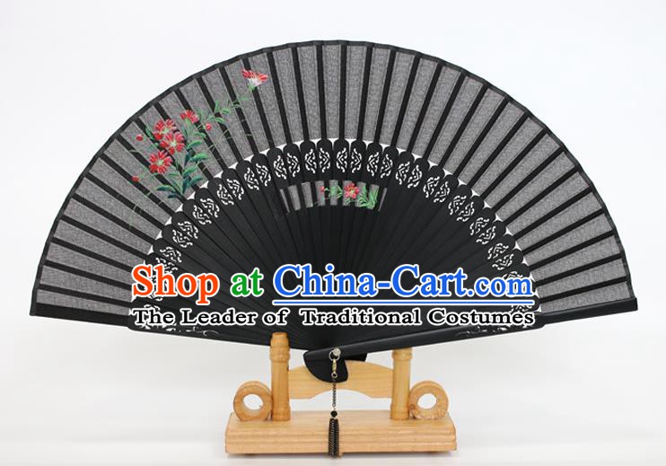 Chinese Traditional Artware Handmade Folding Fans Printing Flowers Black Silk Fans Accordion