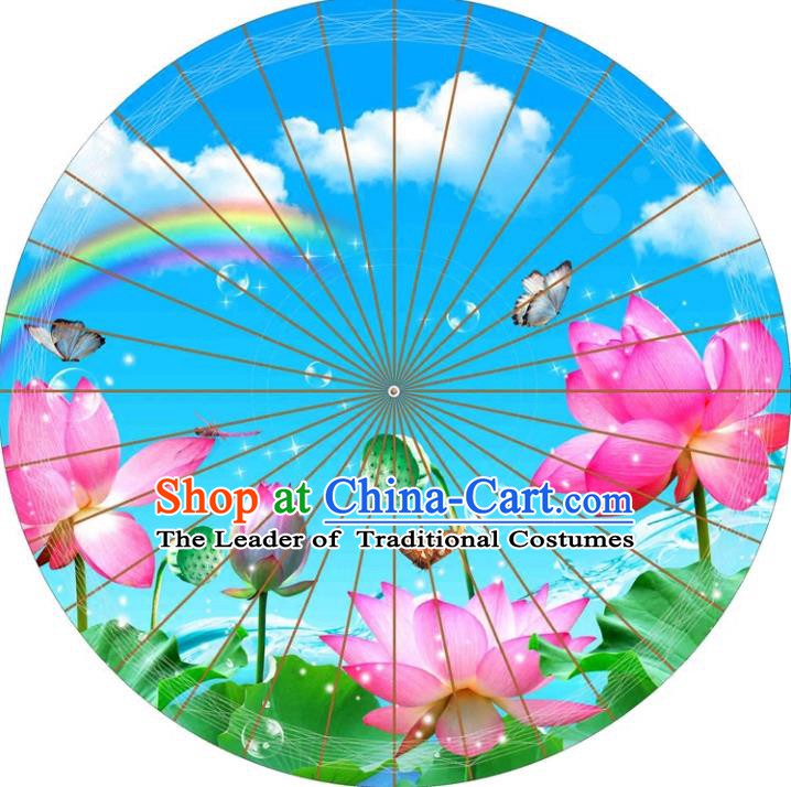 Chinese Traditional Artware Paper Umbrellas Printing Lotus Blue Oil-paper Umbrella Handmade Umbrella