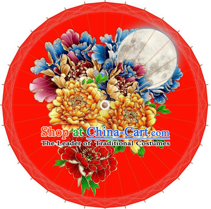 Chinese Traditional Artware Red Paper Umbrellas Printing Peony Oil-paper Umbrella Handmade Umbrella