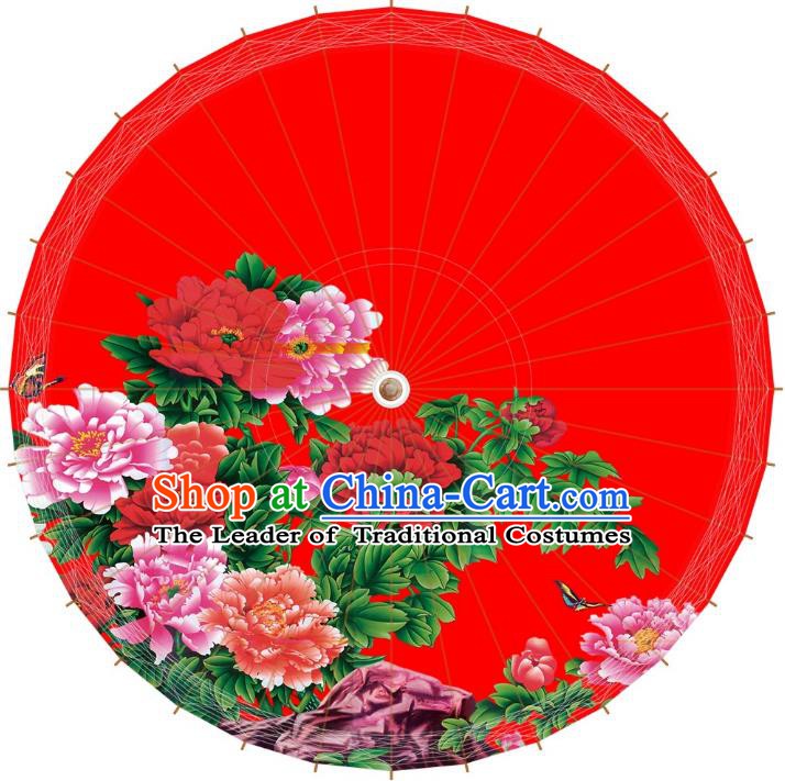 Chinese Traditional Artware Red Paper Umbrellas Printing Peony Flowers Wedding Oil-paper Umbrella Handmade Umbrella