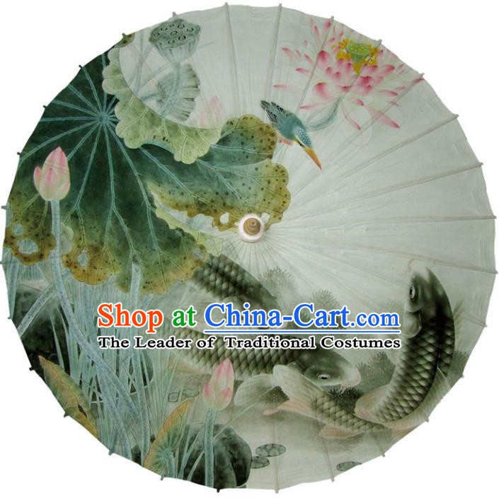 Chinese Traditional Artware White Paper Umbrellas Printing Lotus Fishes Oil-paper Umbrella Handmade Umbrella