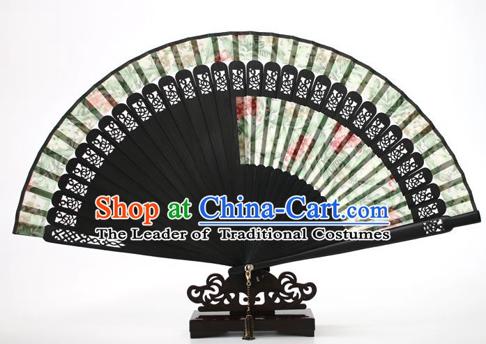 Chinese Traditional Artware Handmade Printing Folding Fans Green Silk Fans Accordion