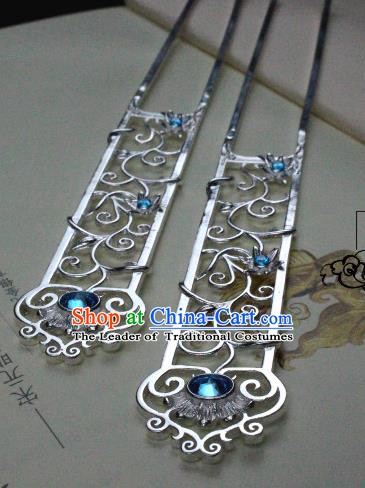 Chinese Handmade Classical Hair Accessories Hairpin Blue Crystal Hair Stick Hanfu Hairpins for Women