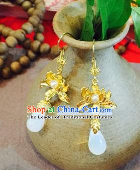 Chinese Handmade Classical Accessories Golden Lotus Earrings Hanfu Eardrop for Women