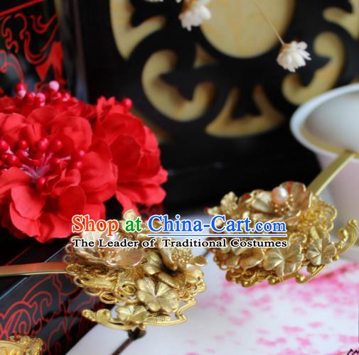 Chinese Handmade Classical Hair Accessories Wedding Pearls Hairpins Hanfu Golden Flower Hairpin for Women