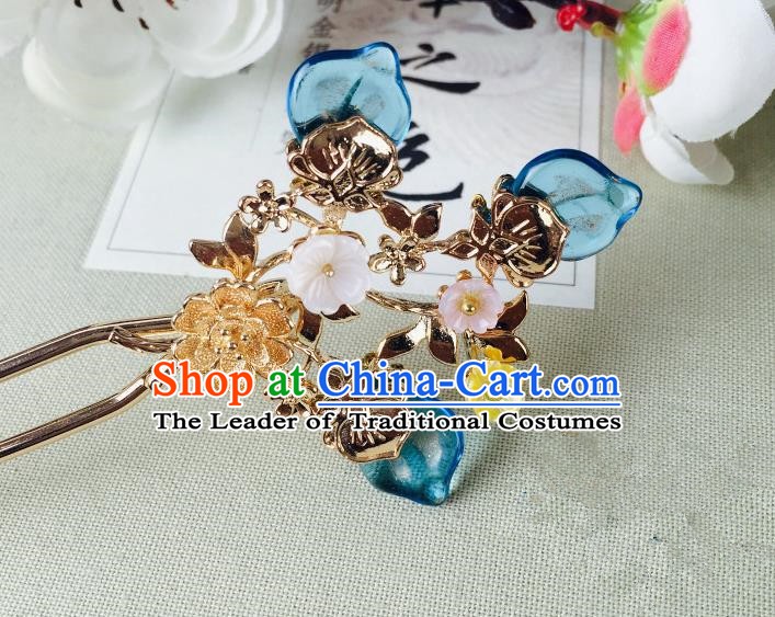 Chinese Handmade Classical Hair Accessories Wedding Shell Flowers Hair Stick Blue Hairpins for Women