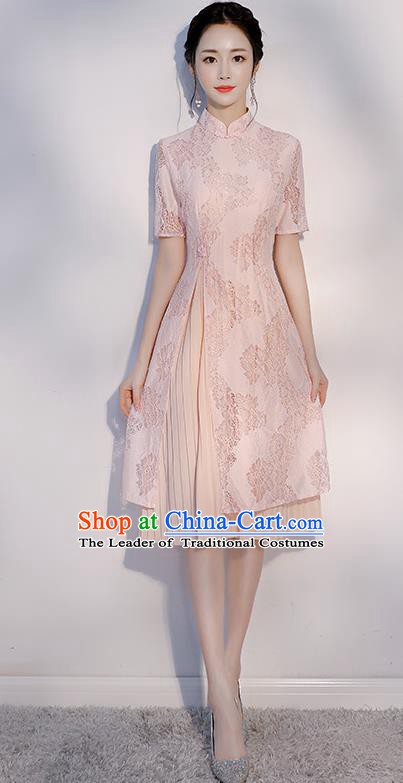 Chinese Traditional Embroidered Pink Mandarin Qipao Dress National Costume Short Cheongsam for Women
