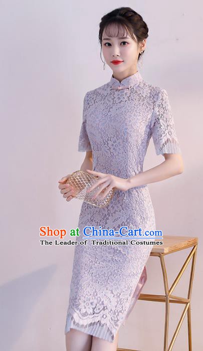 Chinese Traditional Purple Lace Mandarin Qipao Dress National Costume Wedding Short Cheongsam for Women