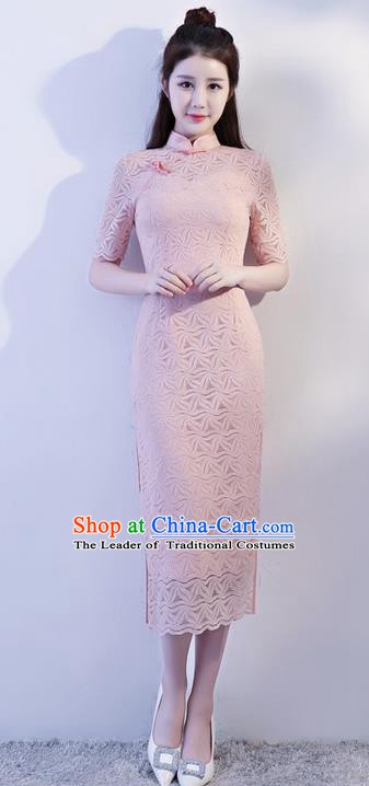 Chinese Traditional Tang Suit Pink Lace Long Qipao Dress National Costume Mandarin Cheongsam for Women