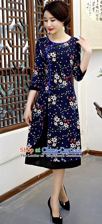 Chinese Traditional Tang Suit Blue Qipao Dress National Costume Chiffon Mandarin Cheongsam for Women