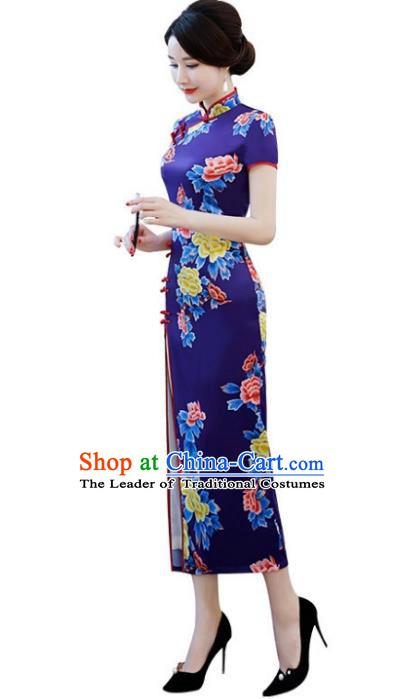 Chinese Traditional Tang Suit Blue Silk Qipao Dress National Costume Printing Peony Mandarin Cheongsam for Women