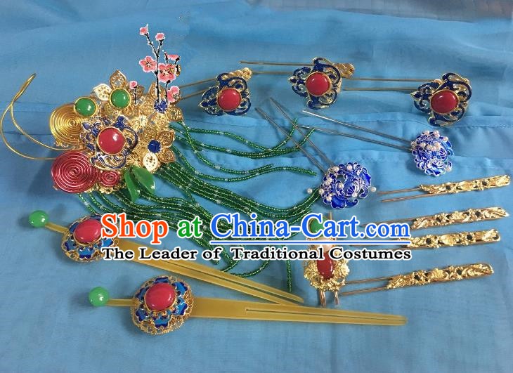 Traditional Chinese Ancient Palace Lady Hair Accessories Blueing Hairpins Phoenix Coronet Complete Set for Women