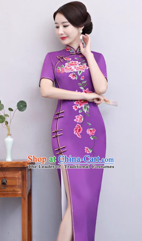 Chinese Traditional Tang Suit Embroidered Purple Qipao Dress National Costume Mandarin Cheongsam for Women