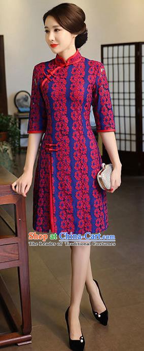 Top Grade Chinese Traditional Qipao Dress National Costume Tang Suit Rosy Lace Mandarin Cheongsam for Women