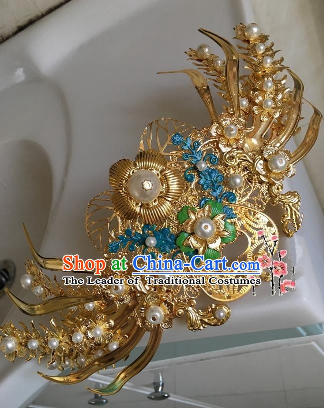 Traditional Chinese Ancient Queen Hair Accessories Golden Phoenix Coronet Hairpins for Women