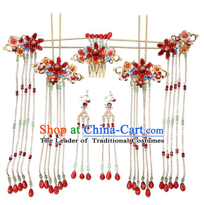 Traditional Chinese Ancient Bride Hair Accessories Xiuhe Suit Tassel Step Shake Hairpins Complete Set for Women