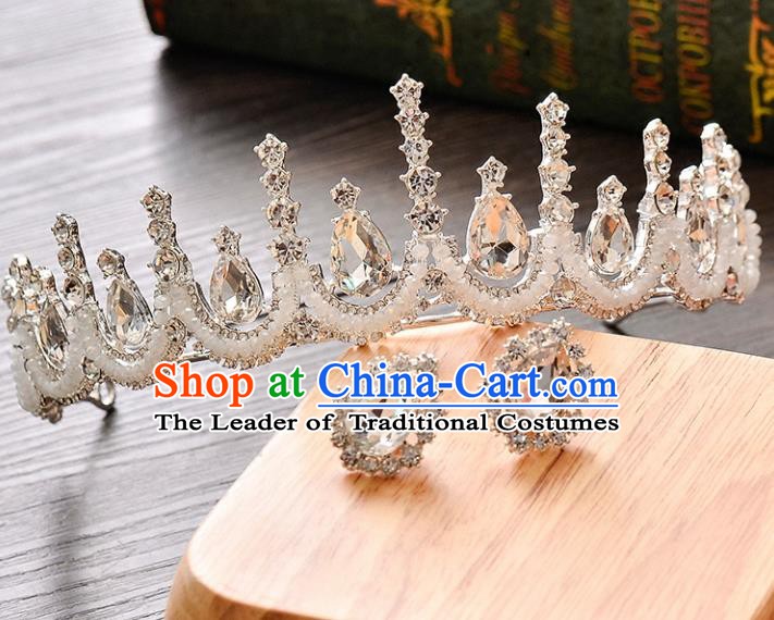 Handmade Bride Wedding Hair Accessories Baroque Crystal Royal Crown and Earrings for Women